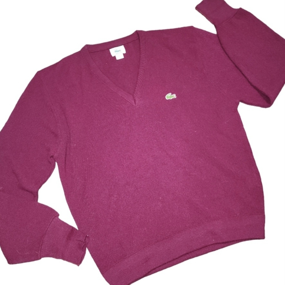 Men's Vintage Izod Lacoste Sweater Pullover Vneck Burgundy Large Acrylic Retro
